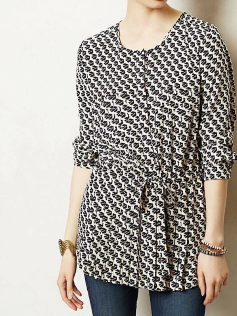 Maeve Anthropologie crane print pleated drawstring tunic top size large